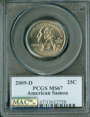 2009 D AMERICAN SAMOA FLAG QUARTER PCGS MS67 BUSINESS STRIKE MAC SPOTLESS . - Image 1 of 2