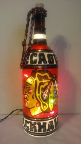 Chicago Blackhawks Inspired Hand Painted Lighted Wine Bottle Glass look Cover