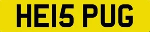 HE IS PUG CHERISHED NUMBER PLATE HE15 PUG PRIVATE REG PUGS DOG PEUGEOT PUGH REG - Picture 1 of 3