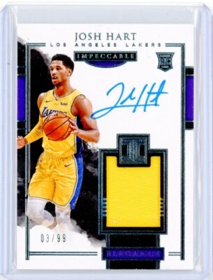 2017-18 Panini Impeccable JOSH HART RPA Patch AUTO Autograph RC 3/99 Jersey 1/1 - Image 1 of 2