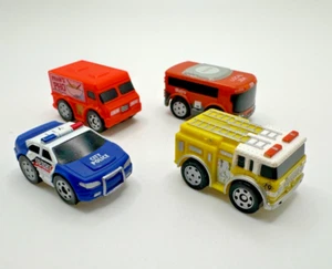 Nano Speed Cars Lot of 4 Miniature Pull Back Toys Fire Truck Metro Bus Recycle - Picture 1 of 5
