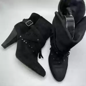 Joie Size 39/9 Suede Fringe Studded Ankle Boots Cone Stacked Heel 4" - Picture 1 of 12