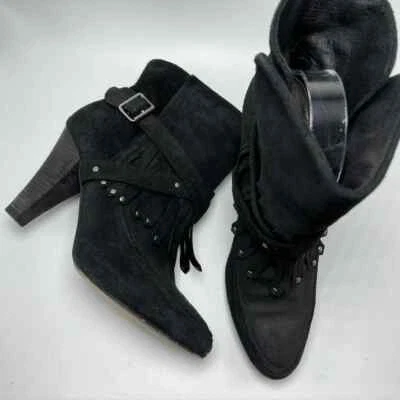 Joie Size 39/9 Suede Fringe Studded Ankle Boots Cone Stacked Heel 4" - Image 1 of 4