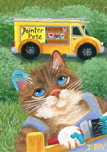 ACEO original miniature art painting animal cat fantasy paint brush humor truck
