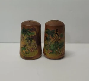 Vintage Wood Salt & Pepper Shaker Set - Aloha Hawaii Souvenir, Hula Dancer - Picture 1 of 7