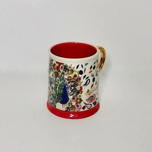 Starla Halfmann ANTHROPOLOGIE Peacock White Mooreland Mug Red Gold Coffee Tea - Picture 1 of 9