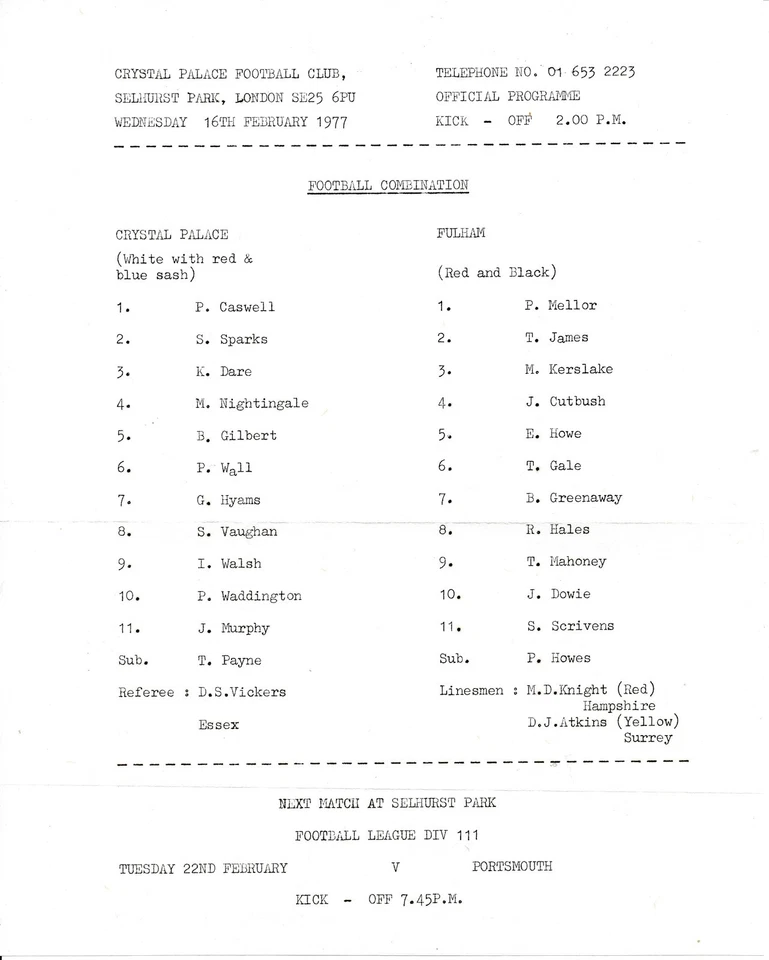 Crystal Palace Reserves v Fulham (Combination) 1976/1977 - Image 1 of 1