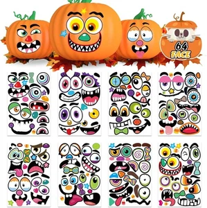 64 Stück Halloween Kürbis Gesicht Aufkleber für Kinder Kleinkinder - große Farbe - Bild 1 von 9