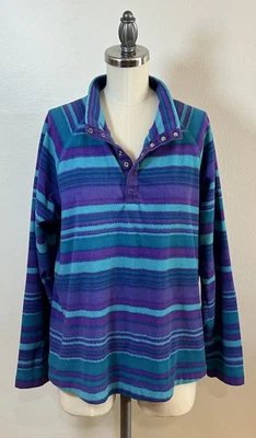 Coldwater Creek Fleece Pullover M Snap Collar Turquoise Purple Aqua Striped - Imagem 1 de 4