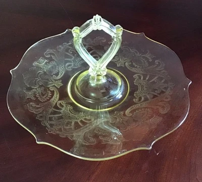 VTG Fostoria Trogan Etch Yellow Centered Handle Tray Produced 1928-1944 Pristine - Image 1 of 4