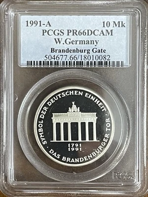 ***1991-A  WEST GERMANY  10 SILVER MARKS BRANDENBURG GATE***PCGS PR66DCAM*** - Image 1 of 4