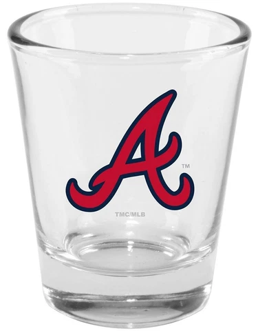 ATLANTA BRAVES CLEAR 2-OZ. SHOTGLASS W/ LOGO A PRINTED IN RED WITH BLUE OUTLINE Cover