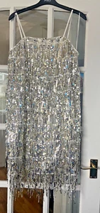 Striking BNWT M&S silver sequin square neck fringed mini shift dress 8 10 14 - Picture 1 of 5