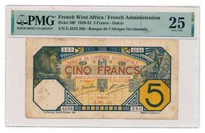 FRENCH WEST AFRICA banknote 5 Francs 1929 Dakar PMG VF 25 - Picture 1 of 2