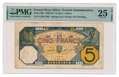 FRENCH WEST AFRICA banknote 5 Francs 1929 Dakar PMG VF 25 - Image 1 of 2
