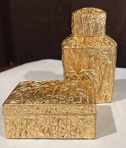 VTG Heavy Chinese Gold Gilt Metal Brass BAMBOO Urn TEA CADDY & Hinged Box SET - Picture 1 of 18