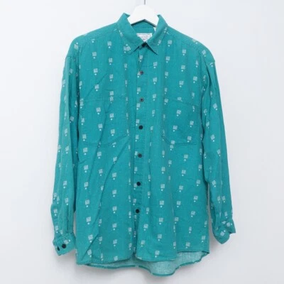 Camisa masculina vintage anos 80 SAHARA CLUB tamanho médio ajuste botão azul-petróleo geométrica surf - Imagem 1 de 4