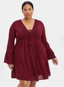 Torrid Womens Mini Gauze Lace-Up Skater Dress Size 1X Burgundy Long Sleeve NWT - Picture 1 of 15
