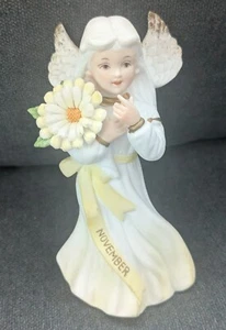Vintage Kelvin's Bisque Angel November Figurine Holding Flower Hand Painted 5" - Picture 1 of 10