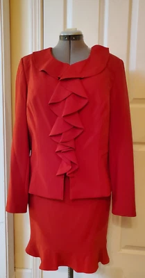 JOHN MEYER Collection 2PC Red Polyester Zip Up Jacket Skirt Ruffles Size 16 - Image 1 of 4