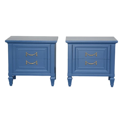 Mid Century Walnut Blue Nightstands, a Pair Cover