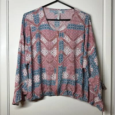 Top Seafolly Floral Chevron Cremallera Frontal Rosa Azul Blanco Cubrir Volantes Talla S Foto 1 de 4