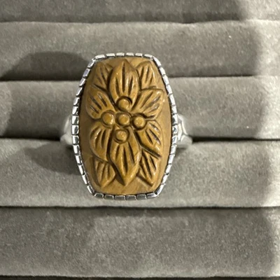 Whitney Kelly WK  925 Sterling Silver Floral Carved Tigers Eye Ring Size 10 - Image 1 of 3