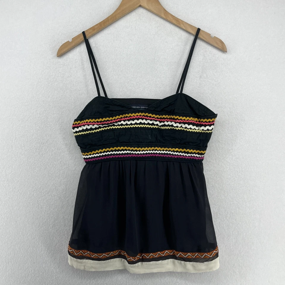 FRENCH CONNECTION Top Mujer 2 Camisola Bordada Ric Rac Rim Boho Negro Foto 1 de 4