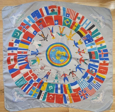 Vintage 100% Silk Karavan Scarf Hand Printed Peace Dove World Culture Flag 1950s - Image 1 of 4