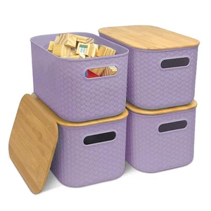 4 paquetes de contenedores de almacenamiento de plástico con tapas de bambú, contenedores de almacenamiento apilables con... - Imagen 1 de 6