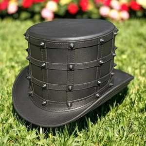 Herren Schwarz Leder Steampunk Zylinder Hut Gothic Punk Stacheln Festival Kostüm Zubehör - Bild 1 von 2