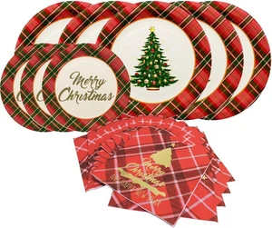 Christmas Party Supplies Christmas Tree Red Plaid Disposable Paper Dinner Plates - Picture 1 of 12