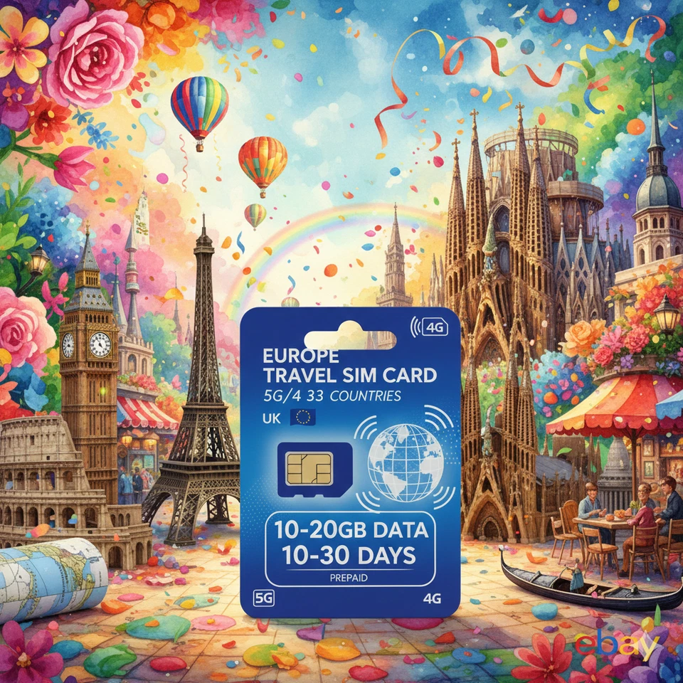 Europe Travel SIM Card 5G/4G UK + 33 Countries 10-20GB Data 10-30 Days | Prepaid - Image 1 of 4