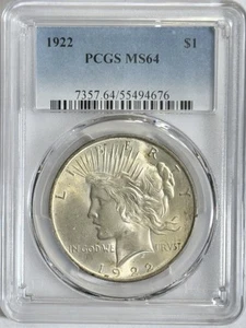 Peace Silver Dollar 1922 PCGS MS 64 Uncirculated $1 Coin - Picture 1 of 12
