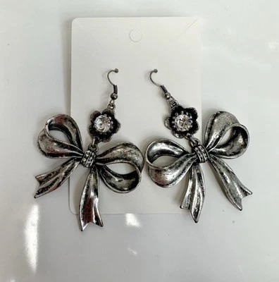 Silver Tone Bow Earrings Rhinestones Drop Dangle Pierced Chunky 2.5” Coquettish - Image 1 of 4