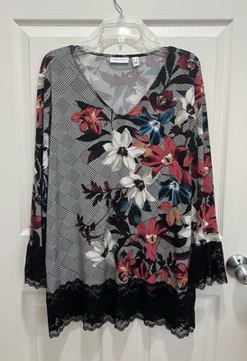 SUASN GRAVER Top Mujer Talla 1X Túnica Tejido Líquido Floral Encaje Ribete Manga Larga Foto 1 de 4