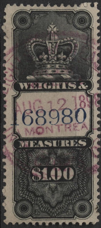 Canada 1885 VanDam #FWM30 $1.00 black, Wt. & Meas (Blue control #), used - Image 1 of 1