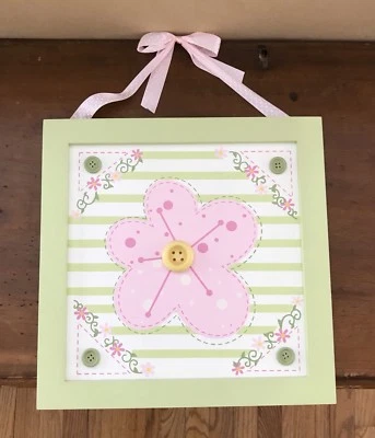 Colgante de pared de lona con marco de madera, rosa y verde Foto 1 de 3