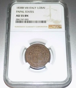 1838B PAPAL STATES ITALY VIII 1/2BAI Baiocchi  NGC AU 55 BN AU55 Certified Coin  - Picture 1 of 4