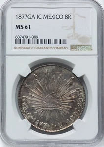 MEXICO GUADALAJARA 1877-GaIC 8 REALES UNCIRCULATED COIN, NGC CERTIFIED MS61 - Picture 1 of 2