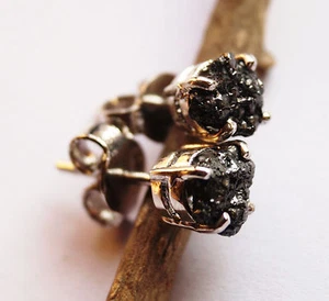 3,10 Karat natürlicher schwarzer roher Diamant-Ohrring, schwarz ungeschliffene Rohsilber-Ohrringe - Bild 1 von 6