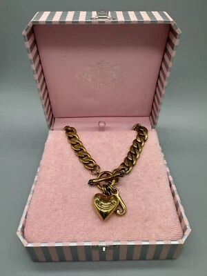 Juicy Couture Logo Heart J Charms Gold Tone Chain Link Toggle Clasp Necklace 16” - Image 1 of 4