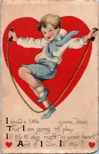 Vintage Valentines Day Card Postcard Boy Jumping Rope Large Heart - Picture 1 of 2