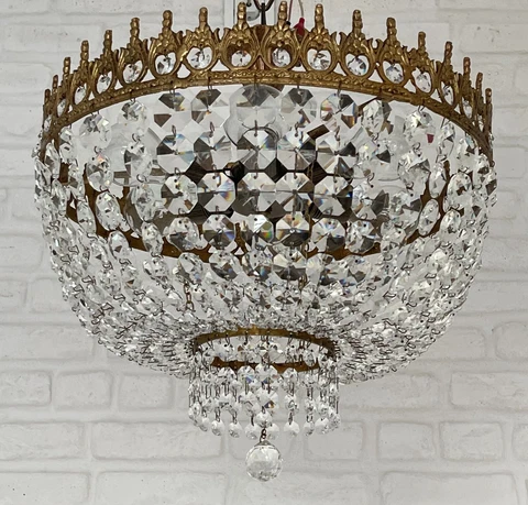 Antique Vintage Brass & Crystals Low Ceiling LARGE Chandelier Lighting Lamp Cover