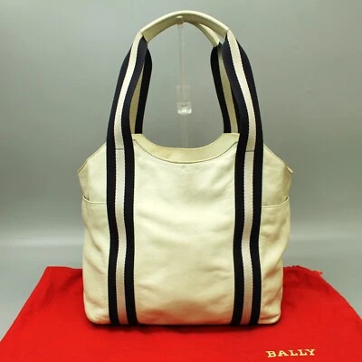 BALLY Leather Tote Bag Handbag White OffWhite Stripe Handle - Image 1 of 4