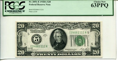 Fr 2051-E 1928A $20 Federal Reserve 63 PPQ CHOICE NEW - Image 1 of 2