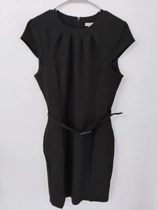 H&M Women's Black Belted Pencil Dress Pleated Neckline Slimming Size Small NWT - Picture 1 of 5