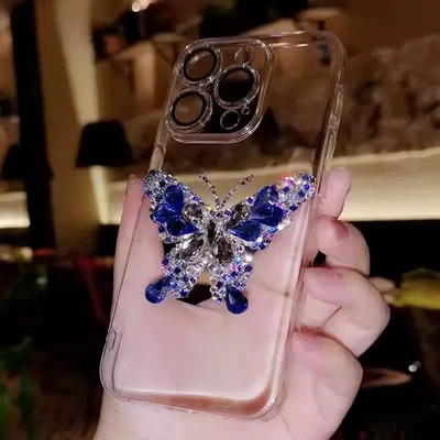 Funda de teléfono Bling Blue Gems Butterfly para iPhone 17 16 15 14 13 12 11 X Pro Max Foto 1 de 4