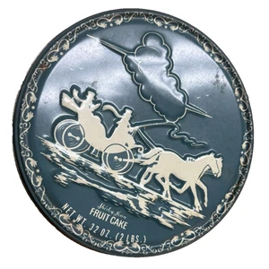 Vintage Shirley Jean Fruit Cake Tin Christmas Horse & Carriage Blue 7”x3 1/8” - Picture 1 of 3
