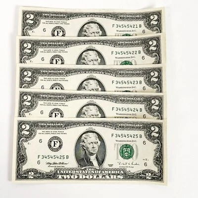 5x 1995 $2 DOLLAR BILL BANK NOTE FANCY SERIAL CONSECUTIVE CURRENCY CRISP - Image 1 of 4